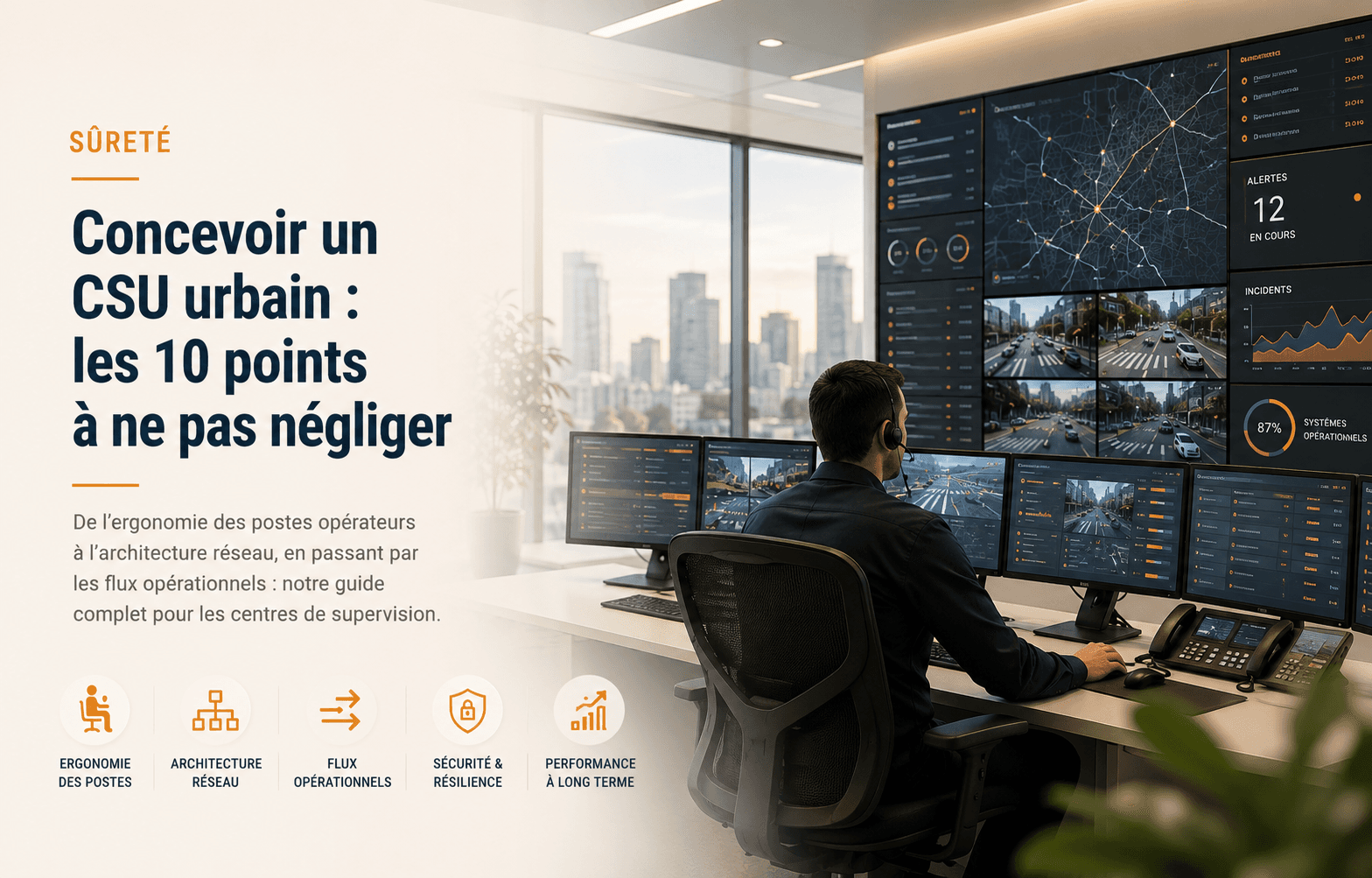 Centre de supervision urbain avec opérateur et mur d'images