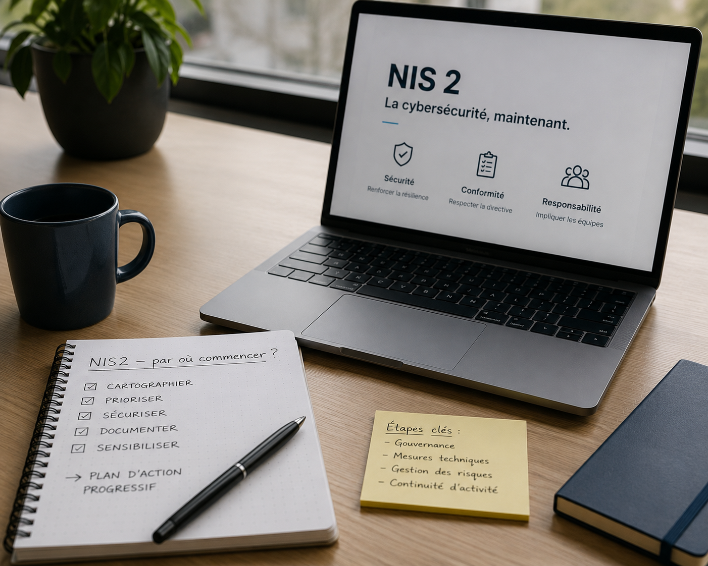 Ordinateur affichant NIS 2 et plan d'action cybersécurité
